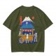 Olive t-shirt with cat ramen stall and Mount Fuji graphic