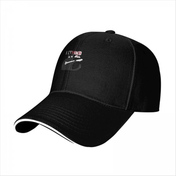 Black baseball cap with a cat holding a bone graphic and text