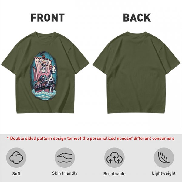 Olive T-shirt with One Piece Thousand Sunny Pirate Ship Print