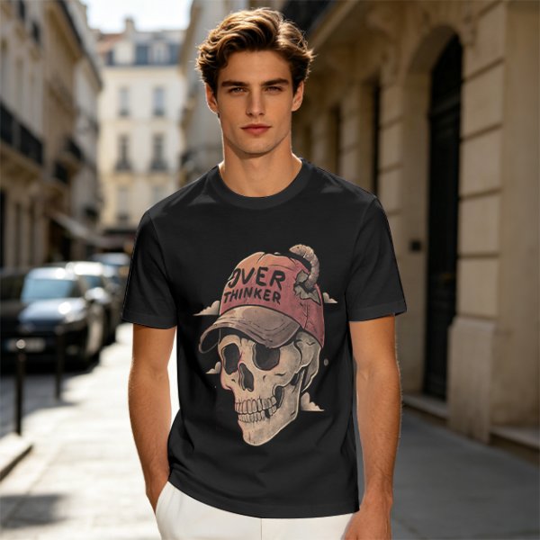 OVER THINKER Skull Graphic Olive T-Shirt