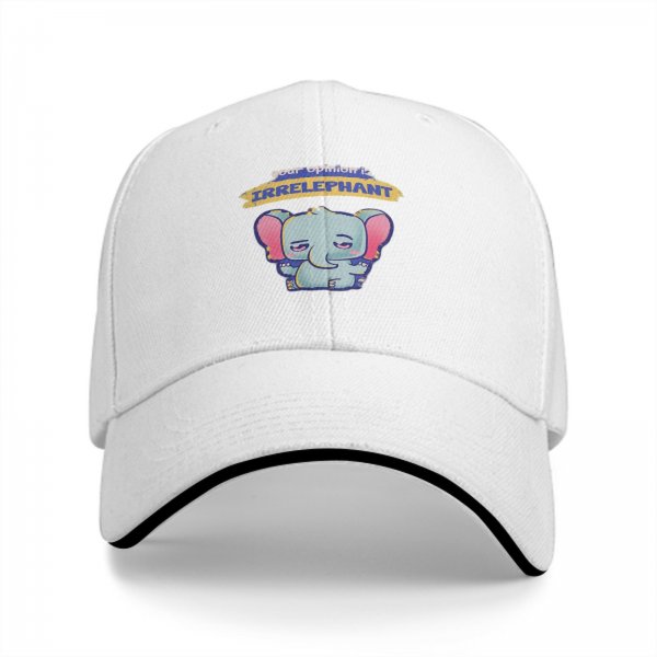 Black baseball cap with 'your opinion is irrelephant' cute elephant graphic