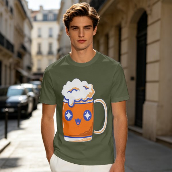 Olive T-Shirt With Cute Kawaii Beer Mug Graphic