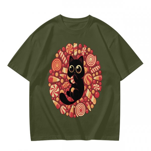 Olive T-Shirt With Cute Black Cat Holding Candy Surrounded By Sweets