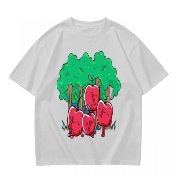 Olive T-Shirt With Cartoon Anthropomorphic Apples In Forest Print
