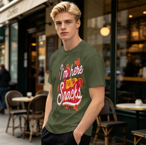 Olive green graphic tee with 'I'm here for the snacks' print