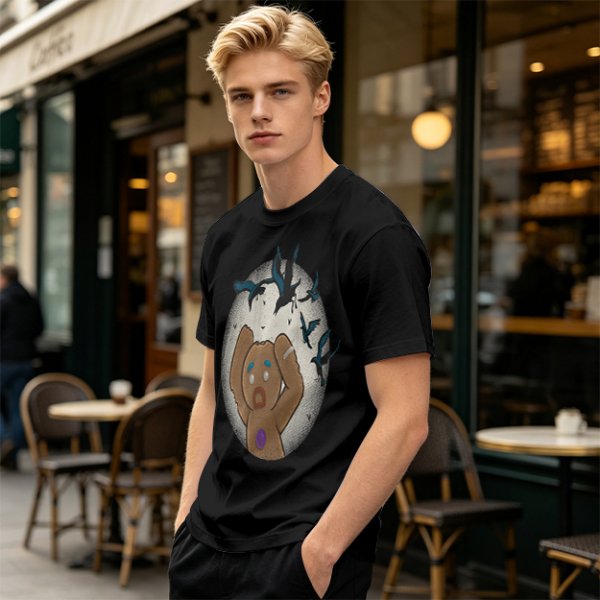 Olive T-shirt with a terrified gingerbread man and flying birds graphic