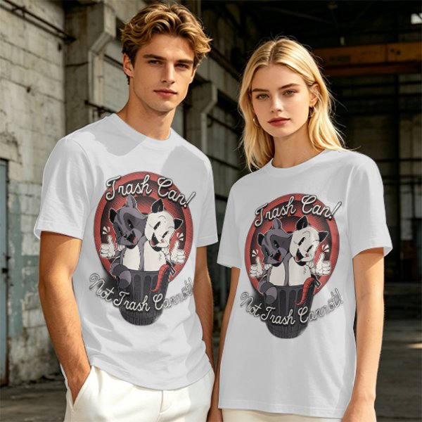 Olive t-shirt with retro cartoon raccoon and dog trash can print