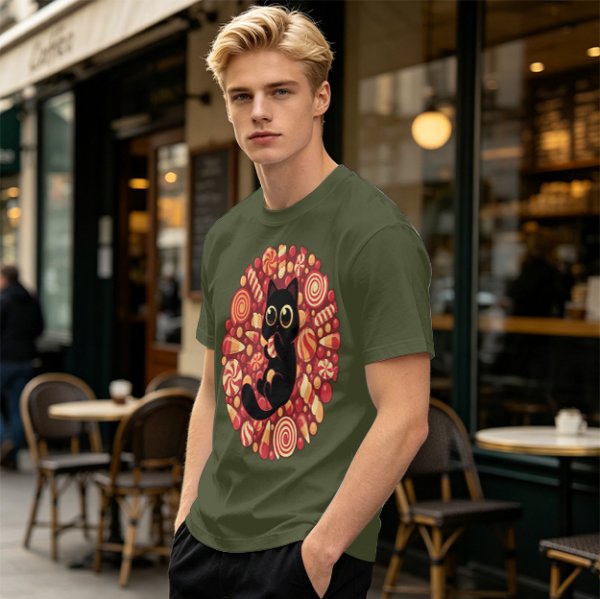 Olive T-Shirt With Cute Black Cat Holding Candy Surrounded By Sweets