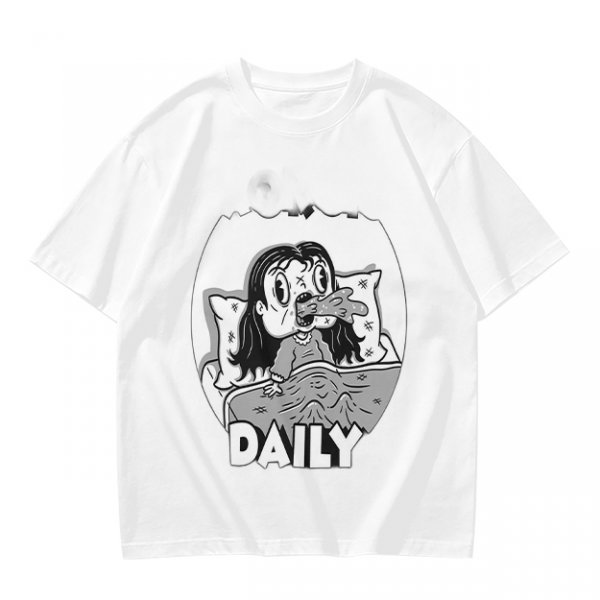 Olive green graphic t-shirt with bedridden cartoon girl and 'DAILY' text
