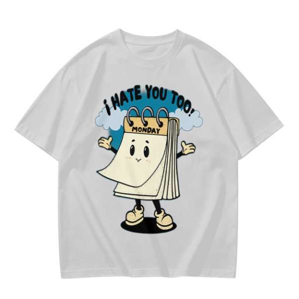 Olive t-shirt with cartoon Monday calendar graphic and 'I HATE YOU TOO' text
