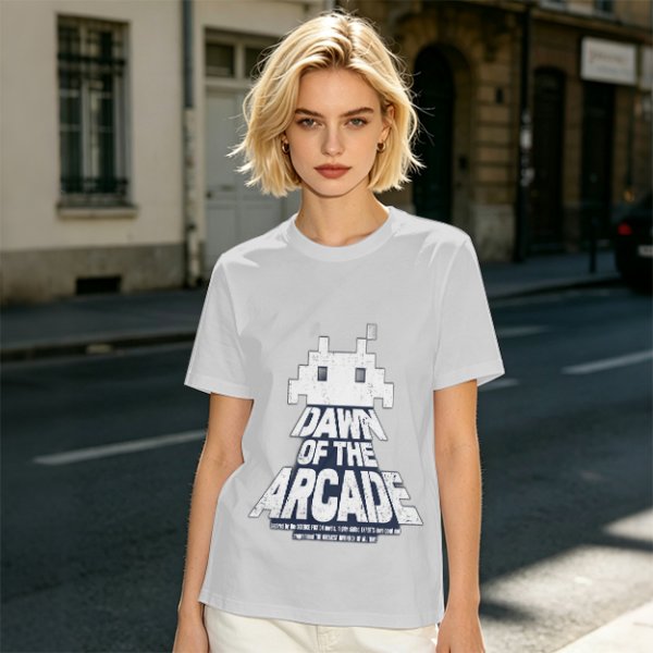 Olive T-Shirt with Retro Arcade Space Invader Graphic and Dawn of the Arcade Text