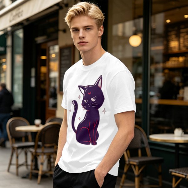 Olive T-Shirt with Sassy Black Cat and Crescent Moon Graphic