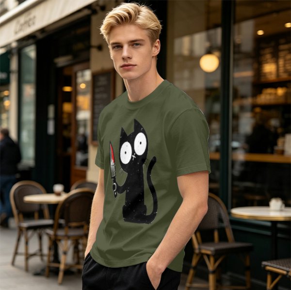 Olive T-shirt with a black cartoon cat holding a bloodied knife