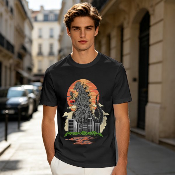 Godzilla Eating Ramen Sunset City Graphic T-Shirt