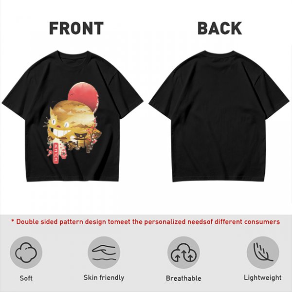 Olive t-shirt with Japanese cat bus and sun graphic