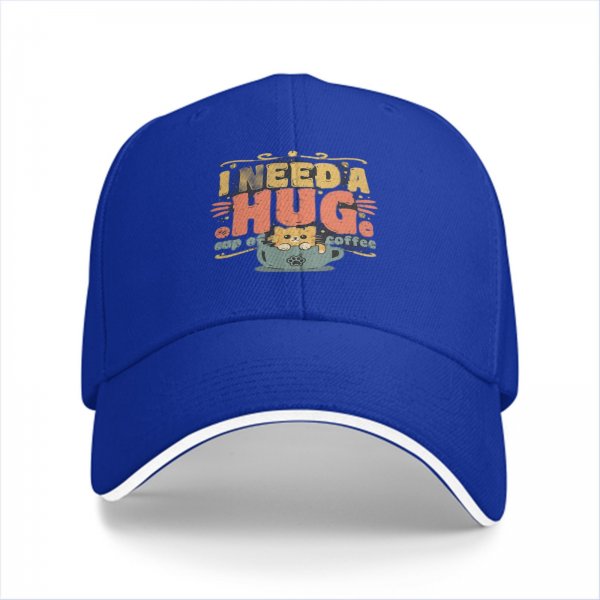 Black baseball cap with 'I need a huge cup of coffee' and cat graphic