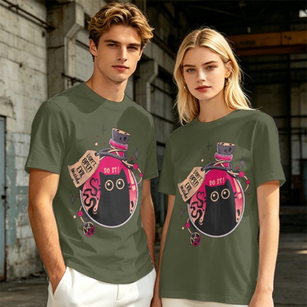 Olive T-shirt with a potion bottle holding a black cat that says don't open evil inside do it