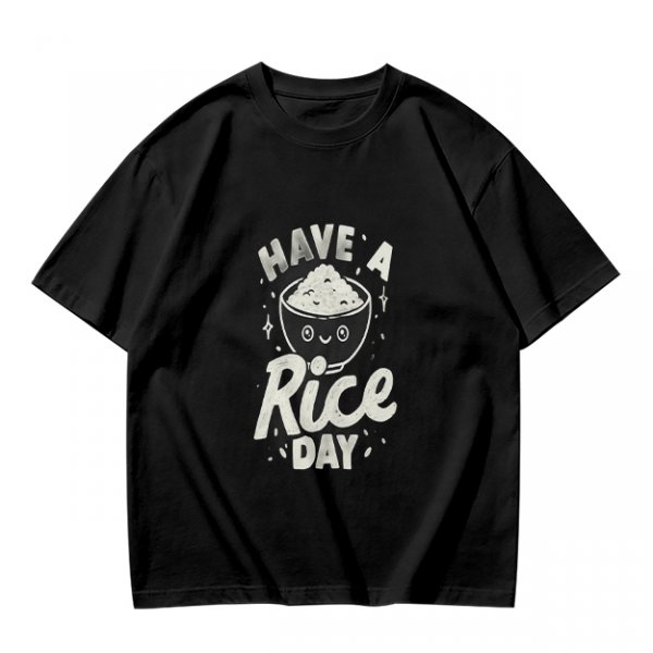 Olive t-shirt with 'Have a Rice Day' and cute rice bowl graphic