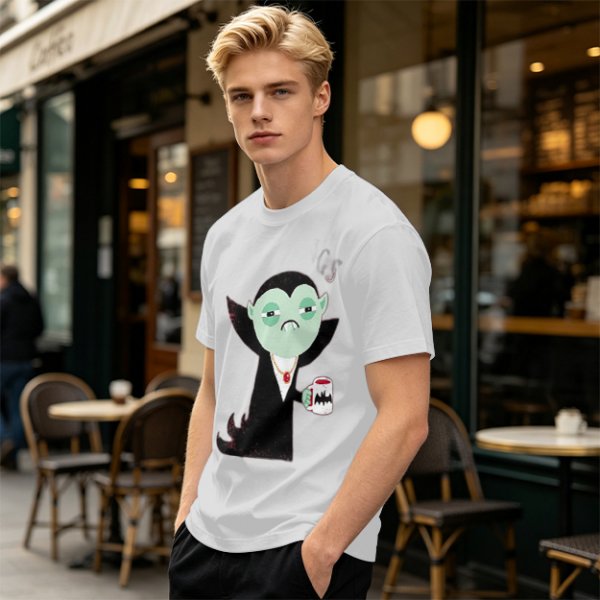 Olive T-Shirt With Tired Vampire Holding Bat Mug Graphic