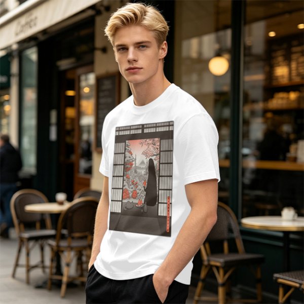 Olive T-Shirt with Japanese Shinto-inspired Window Landscape Print