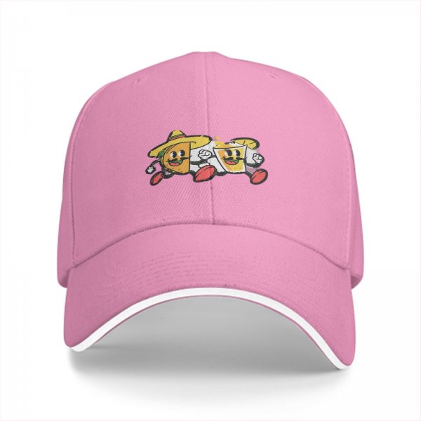 Black baseball cap with retro taco and beer cartoon graphic