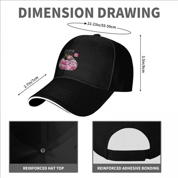 Black baseball cap with a bag of cute pink Kirby characters print