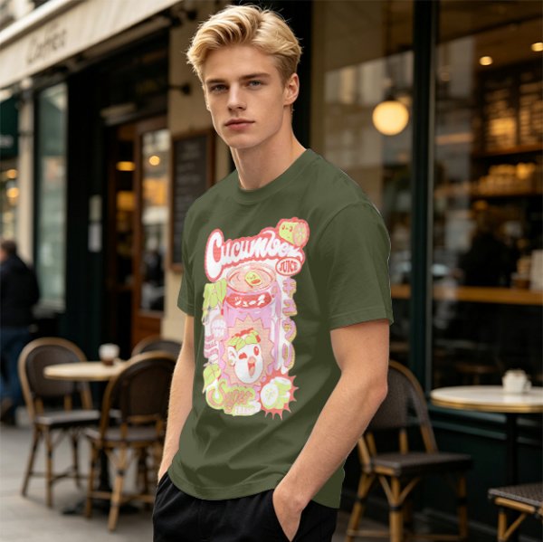 Olive green graphic t-shirt with cucumber juice themed print