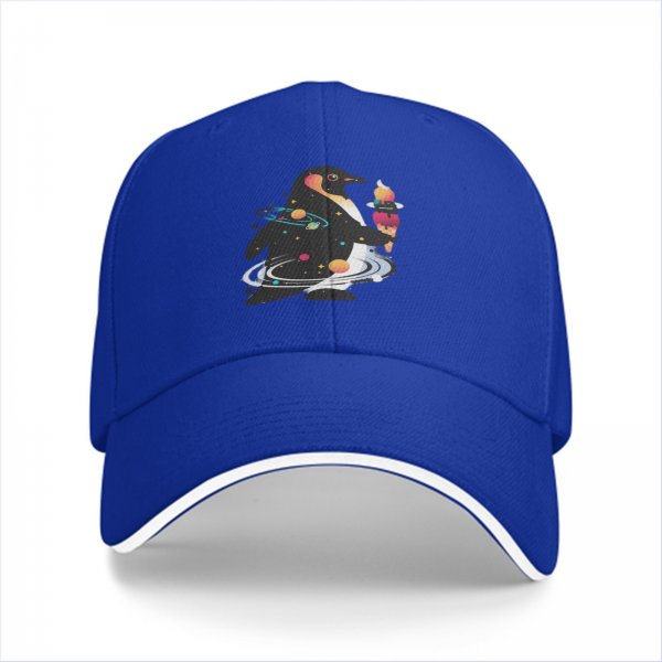 Black Baseball Cap With Cosmic Penguin Holding Ice Cream Print