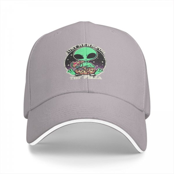 Black baseball cap with alien eating pizza 'Just Here For The Pizza' print