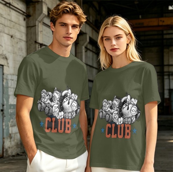 Olive T-Shirt With Cartoon Characters And 'CLUB' Graphic Print