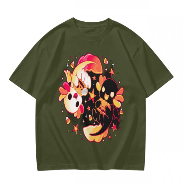 Olive T-Shirt with Halloween Axolotl Candy Corn Art