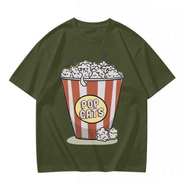 Olive T-Shirt With Pop Cats Popcorn Bucket Graphic