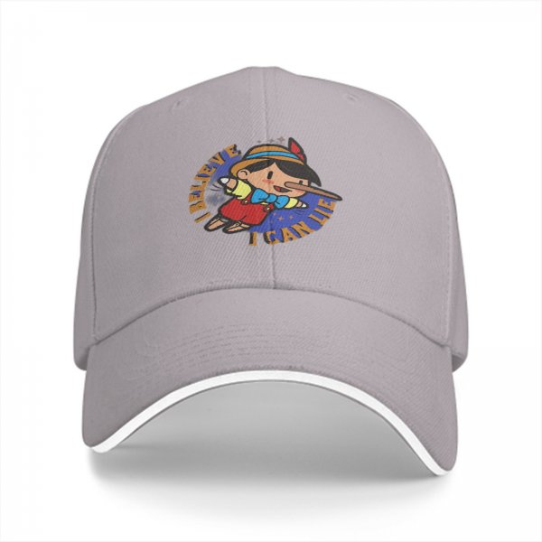 Black baseball cap with Pinocchio 'I Believe I Can Lie' graphic print