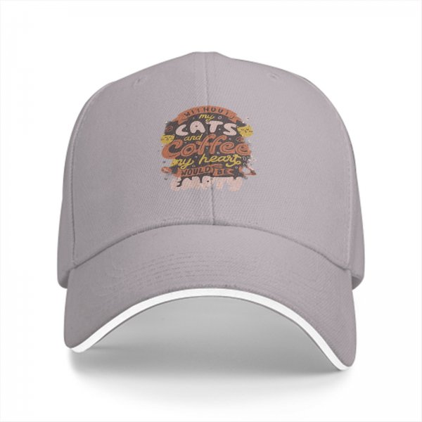 Black baseball cap with 'Without my cats and coffee my heart would be empty' print