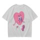 Oversized Olive T-Shirt with Retro Walking Pink Heart Cartoon Graphic