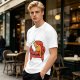 Olive green t-shirt with a sleeping orange cat on a red armchair print