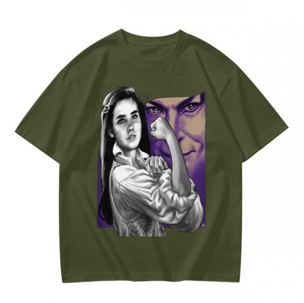 Olive T-shirt with vintage woman flexing arm graphic print