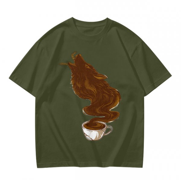 Olive T-Shirt With Coffee Wolf Steam Graphic Print