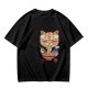 Olive green t-shirt with a cute cat eating ramen graphic
