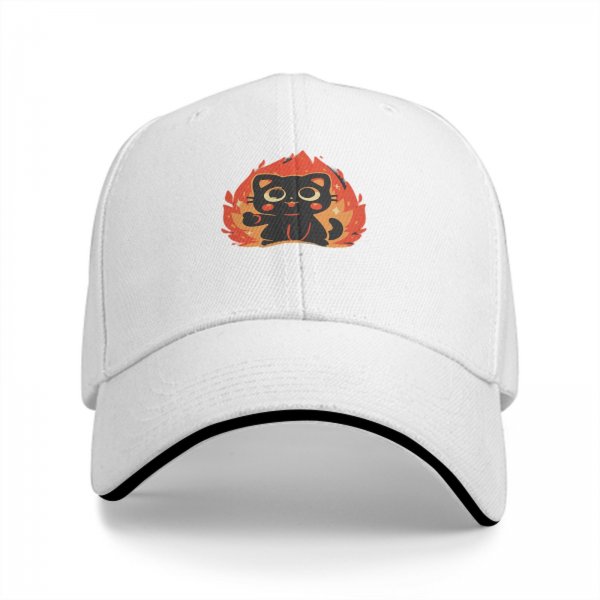Black Baseball Cap With Cute Black Cat Surrounded By Flames Graphic