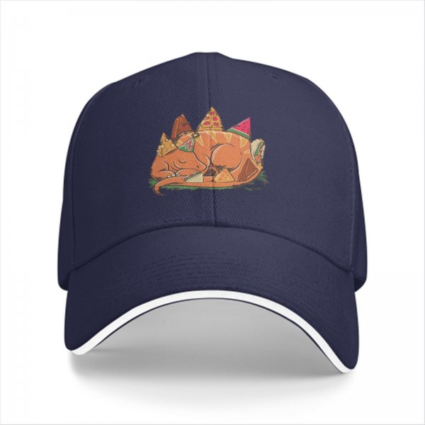Black baseball cap with sleeping dragon and pizza food art print