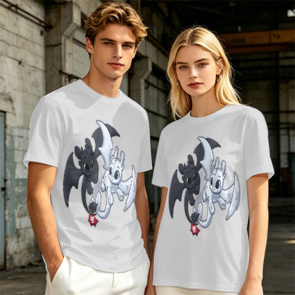 Olive T-Shirt Featuring Toothless and Light Fury Dragons