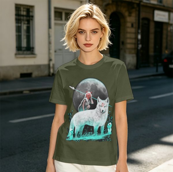 Olive T-Shirt With Wolf Warrior And Moon Forest Art Print