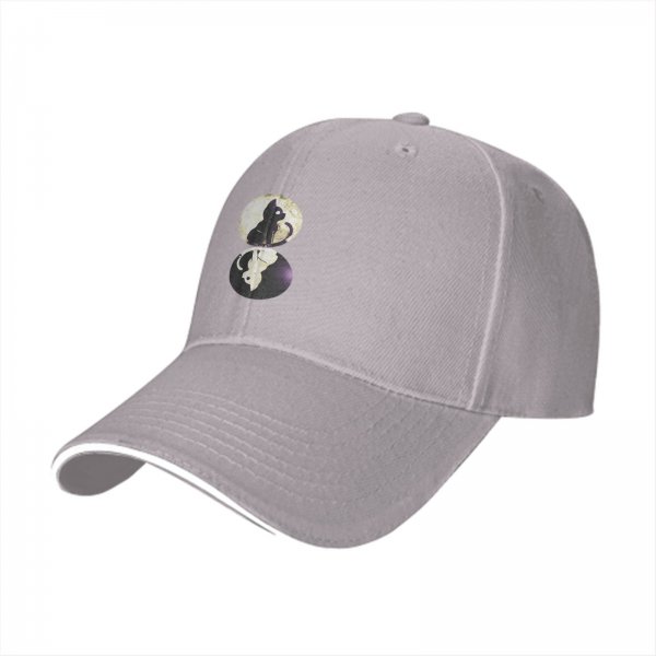 Black baseball cap with black and white cat moon graphic