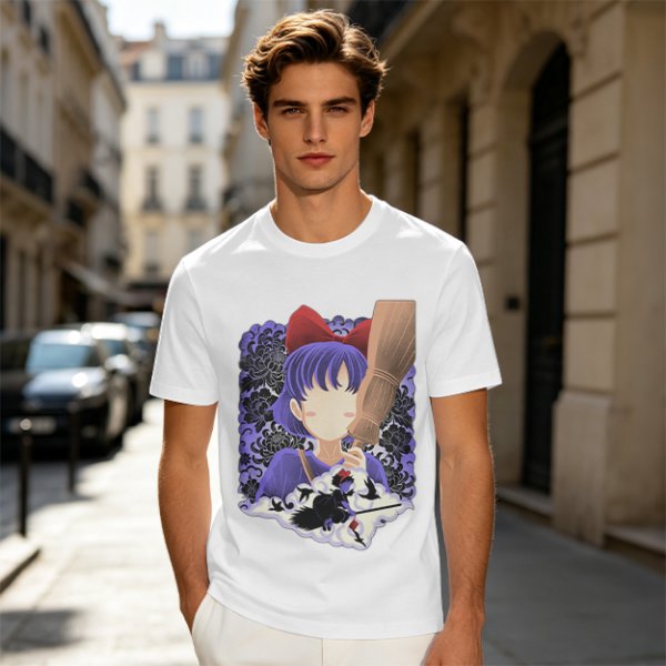 Olive T-Shirt With Witch Anime Girl and Cat Silhouette Print