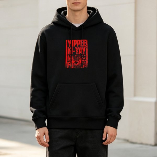 Black hoodie with Yippee Ki-Yay graphic print