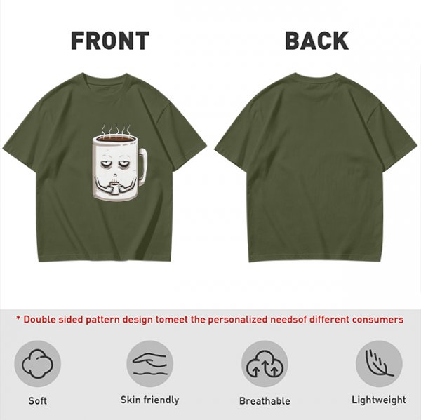 Oversized Army Green T-Shirt With Tired Coffee Mug Graphic