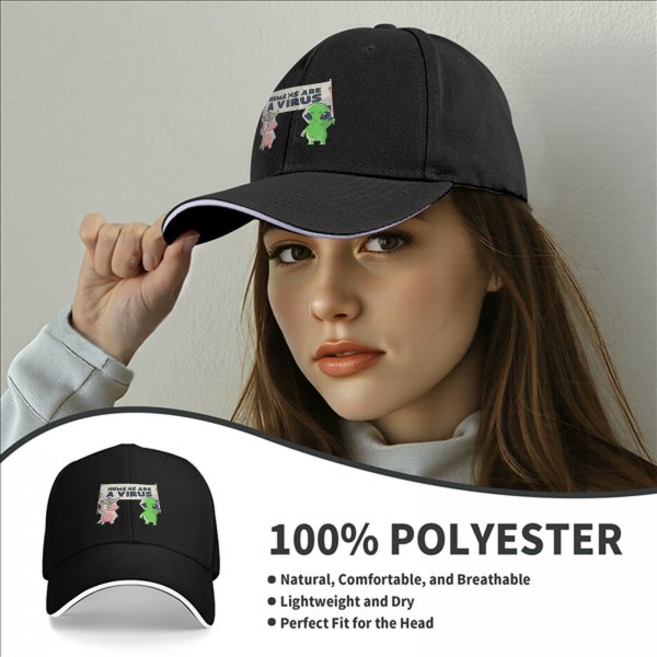 Black baseball cap with 'Humans Are A Virus' alien unicorn graphic