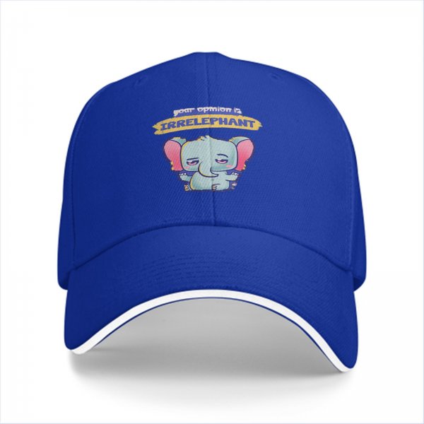 Black baseball cap with 'your opinion is irrelephant' cute elephant graphic