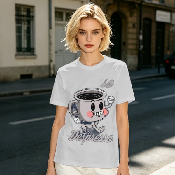 Olive green t-shirt with running espresso cup graphic and 'Less Despresso' text